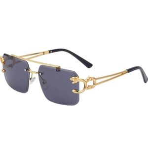 New Unisex Rimless Leopard Head Sunglasses. Gold Trim with Black Lenses.